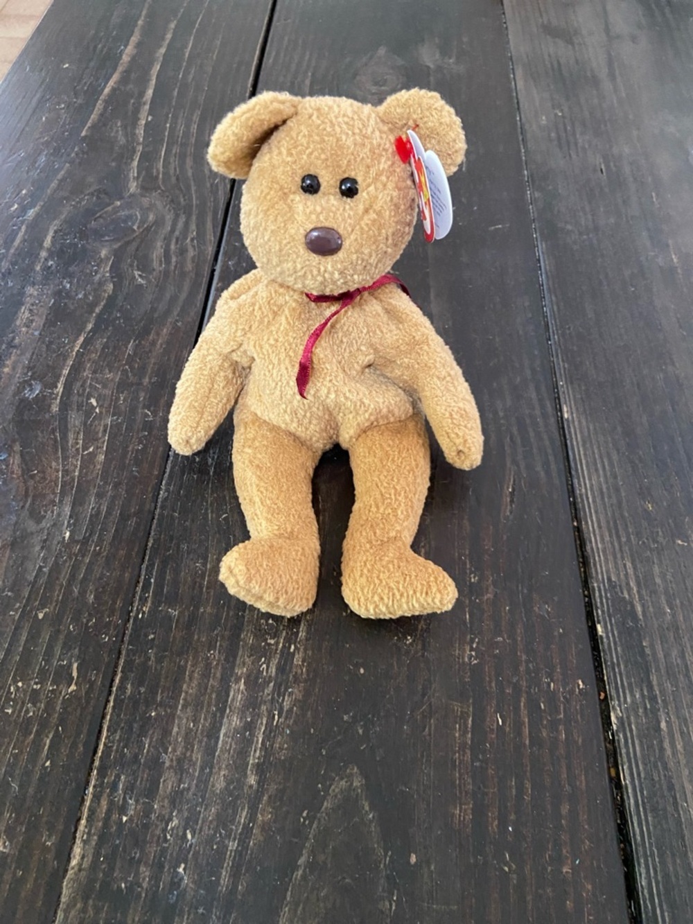 Ty Beanie Baby Curly Plush Brown Teddy Bear with Red Bow - Kids Toys